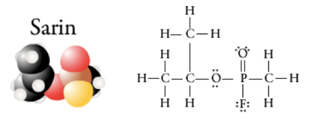 Space-filling model and line structure of sarin.